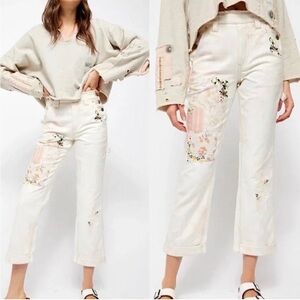 NWT Free People Love Alive Boyfriend Jeans 25 White Patchwork Embroidered Boho